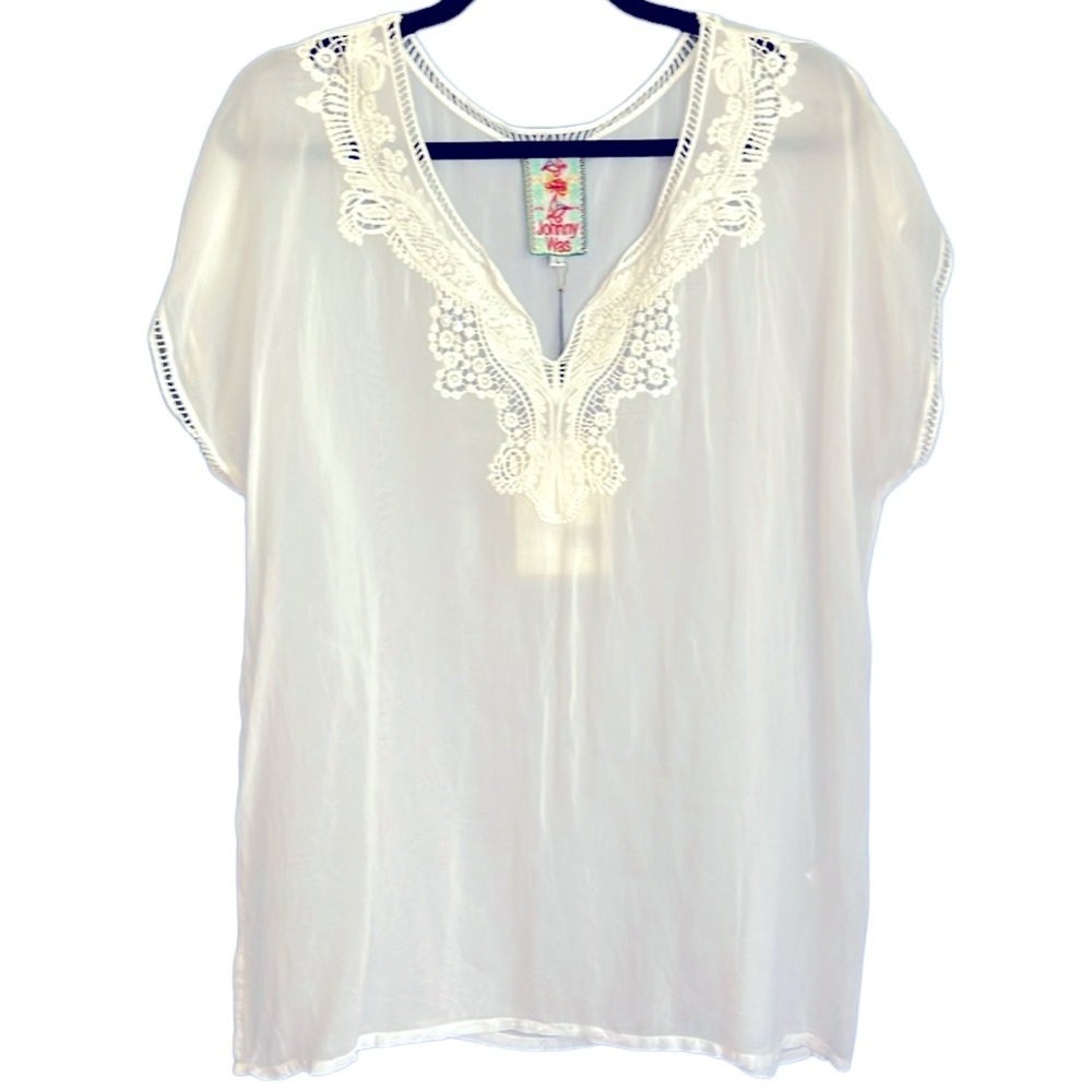 NWT! Johnny Was Sheer Cap Sleeve Off White Top Size Large